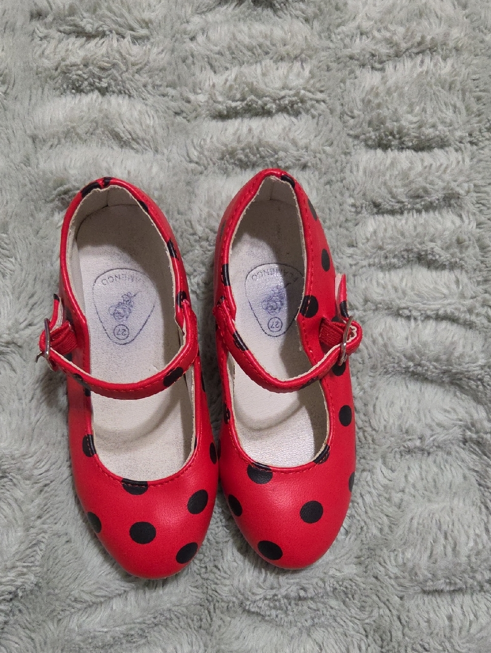 Girls Red Polka Dot Flamenco Shoes with Buckle Strap Purchased In SPAIN.